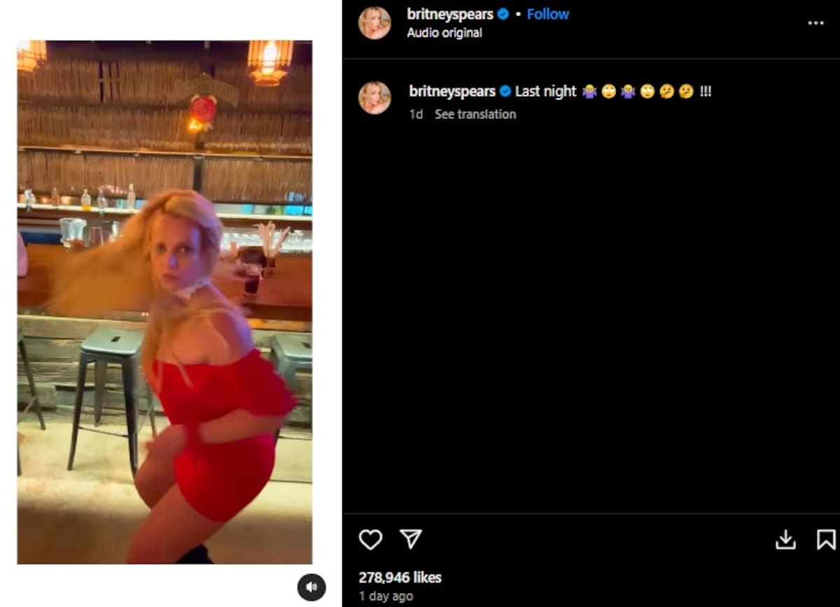 Brtiney Spears comparte su noche en un bar en Los Cabos / Instagram @britneyspears