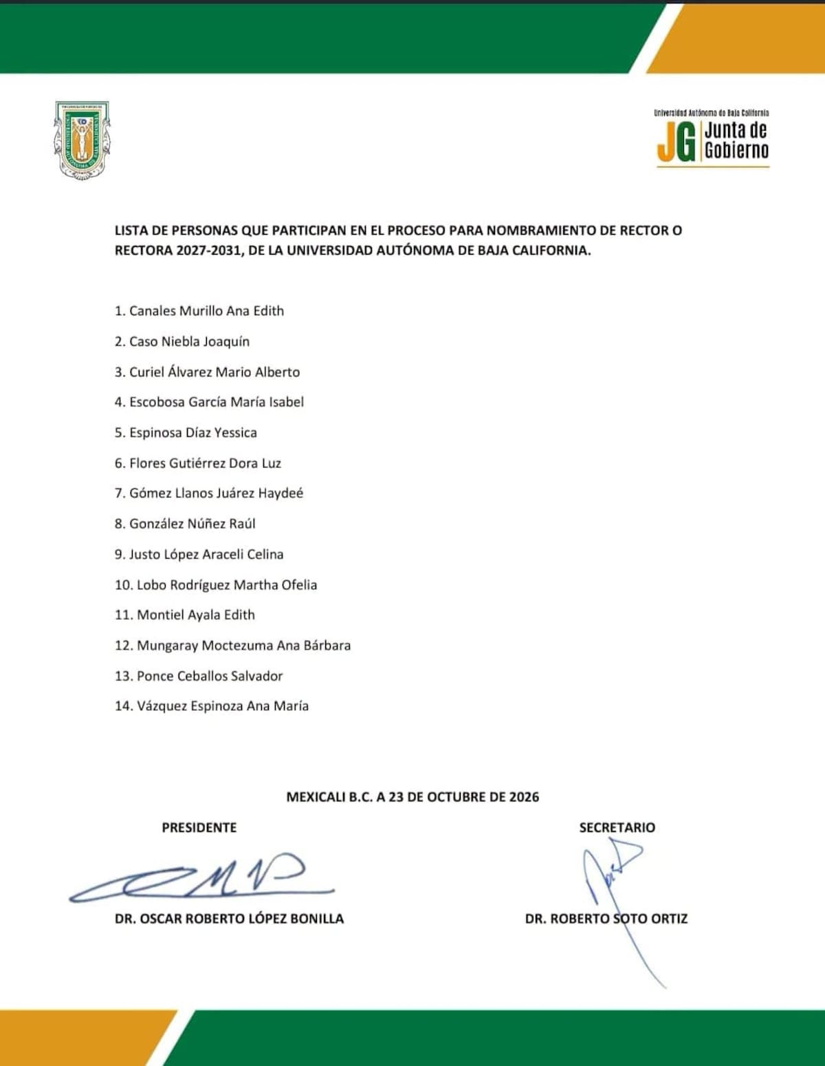 La Junta de Gobierno de la UABC publicó la lista de aspirantes a la Rectoría para el periodo 2027-2031, cuya designación está prevista para el 18 de diciembre de 2026. l Foto: Archivo