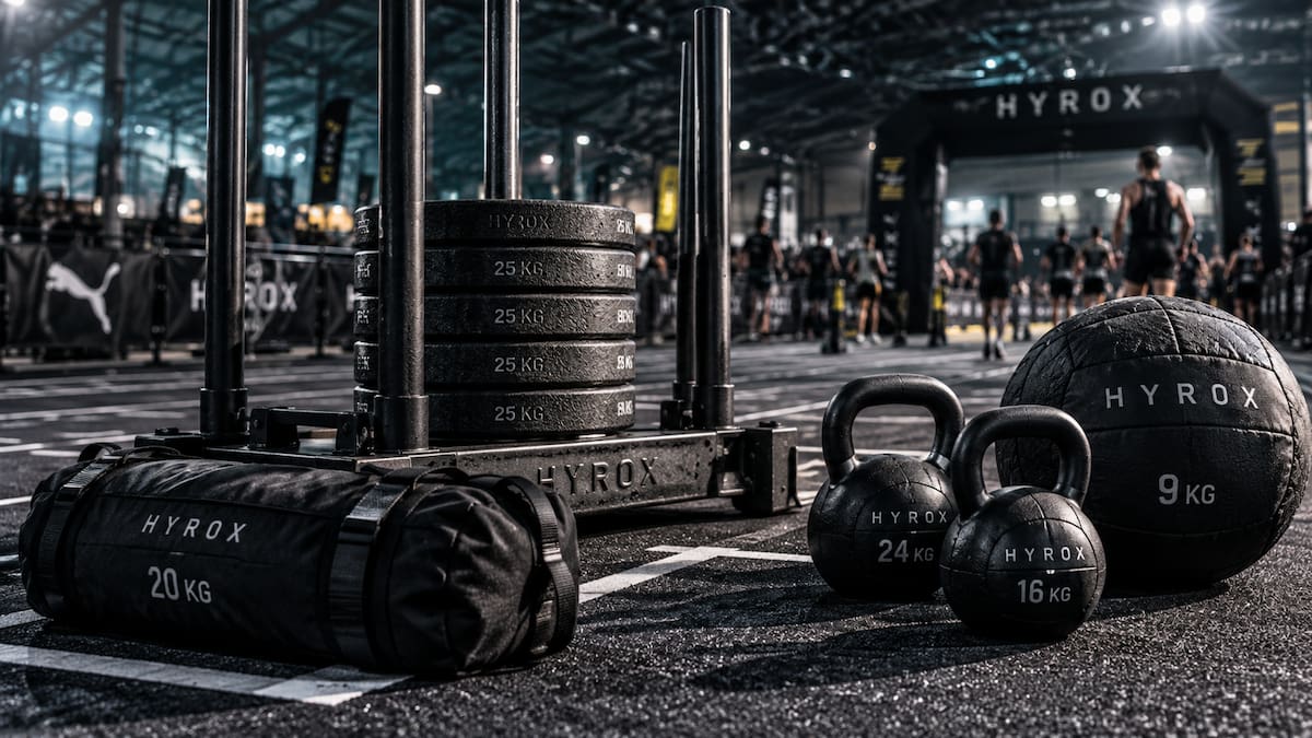 Las cargas utilizadas en HYROX cambian dependiendo de la categoría, con diferentes pesos en trineos, kettlebells, sacos y balones medicinales. (Foto: Imagen generada con IA)