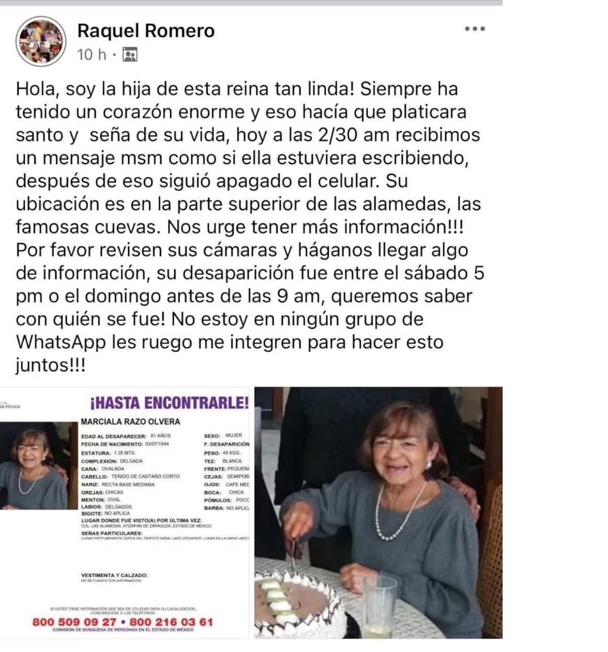 La hija de Marciala, mujer aperentemente asesinada por personas de la calle que ayudaba, se manifestó en redes por su desaparición.