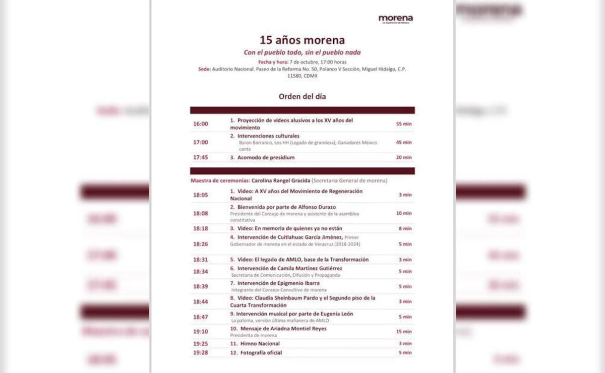 Este es el programa para la celebración de los XV años de Morena.