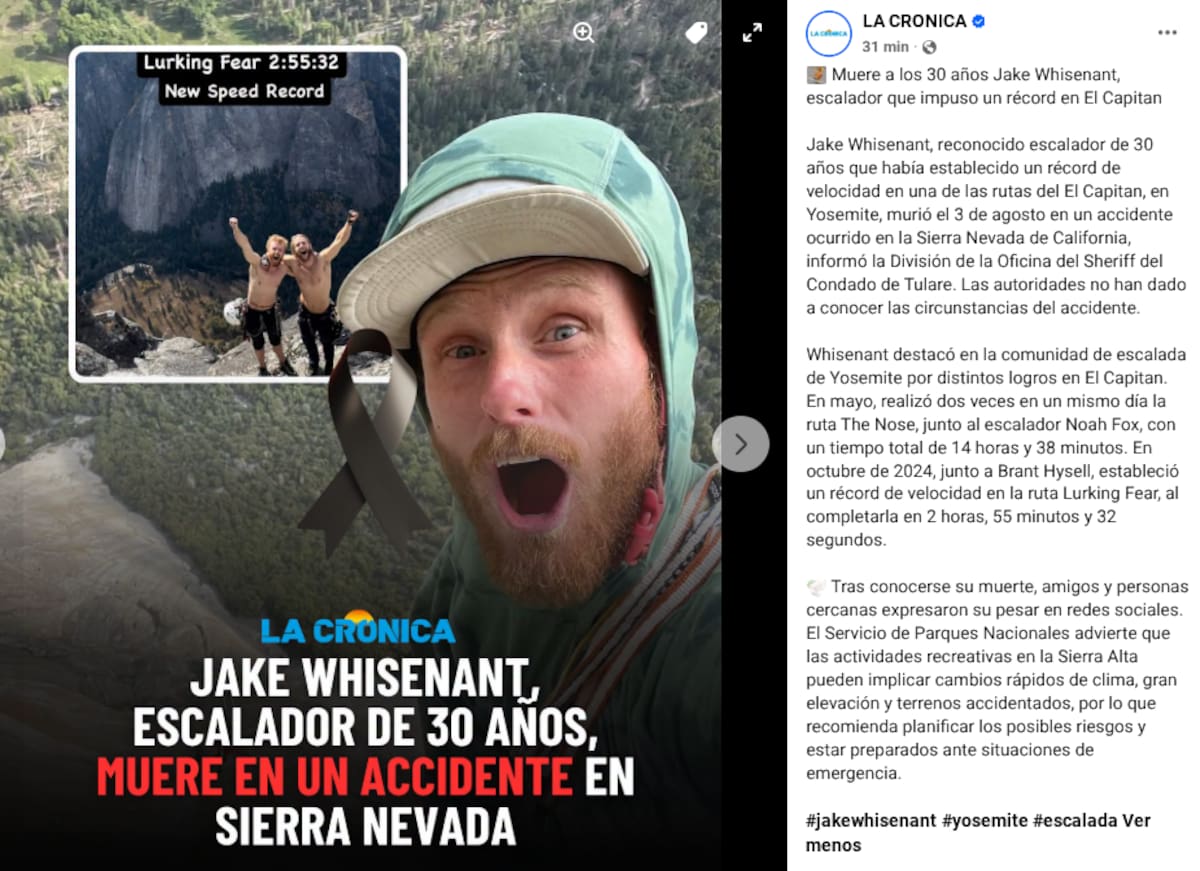 Jake Whisenant muere a los 30 años tras un accidente en Sierra Nevada; había marcado un récord en El Capitán. | Captura: La Crónica.