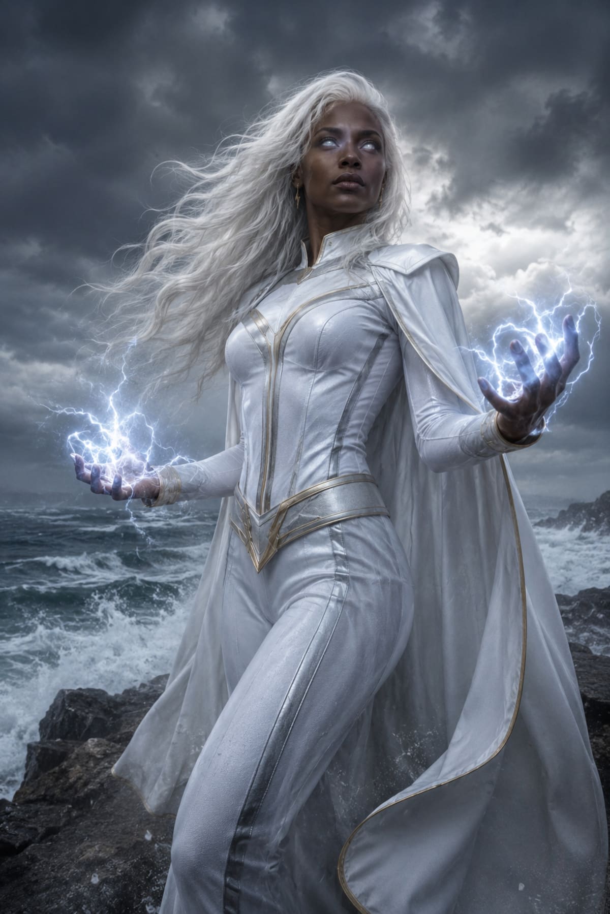 El cabello blanco y los elementos relacionados con los relámpagos dominan varias de las recreaciones fotorrealistas de Ororo Munroe.