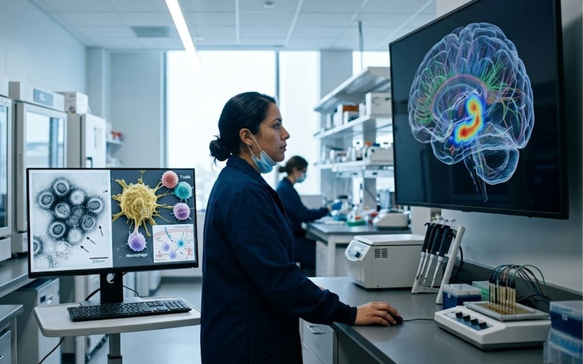 Laboratorio biomédico y cerebro humano.