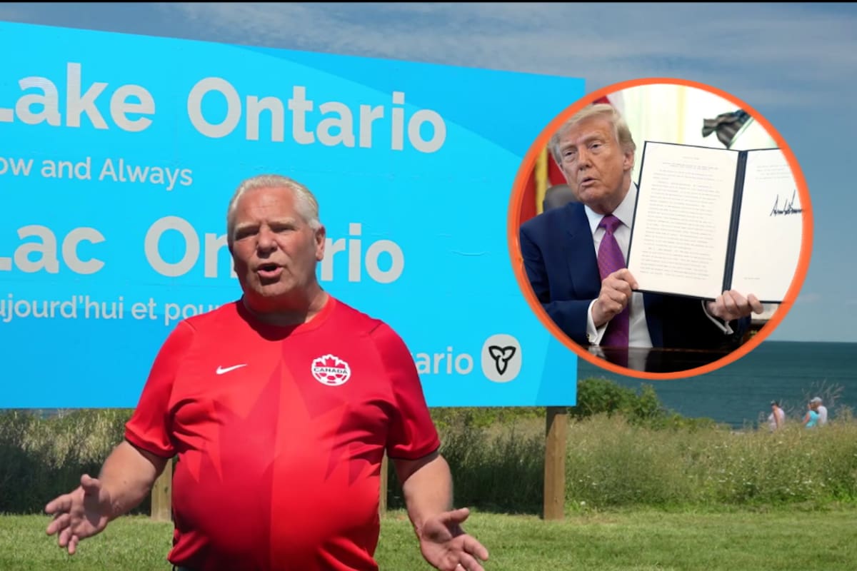 El primer ministro de Ontario, Doug Ford, desafió a Trump con un enorme letrero en la orilla canadiense que reafirma el nombre del Lago Ontario después de que Estados Unidos ordenara llamarlo “Lago Estados Unidos”