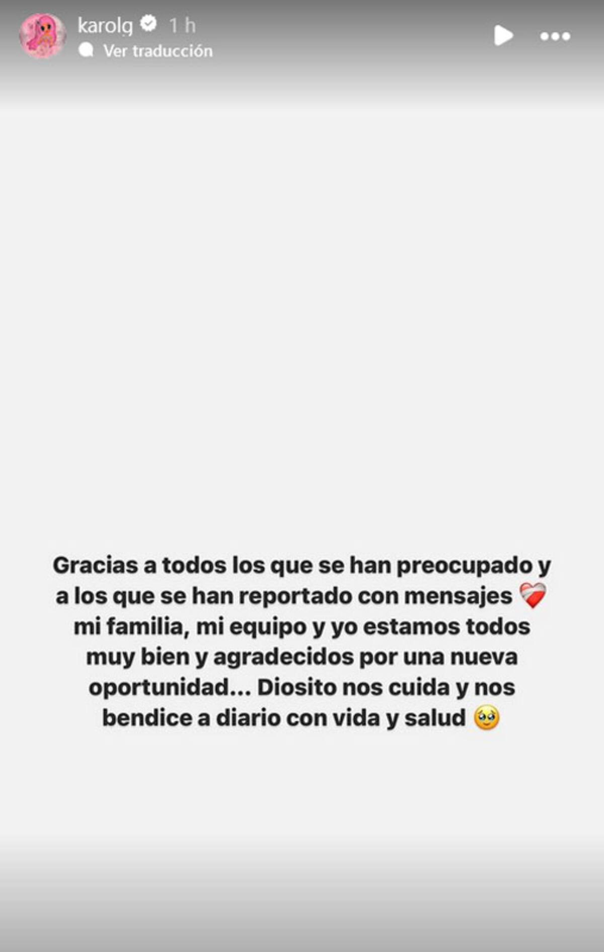 Mensaje en la cuenta de Instagram de Karol G.