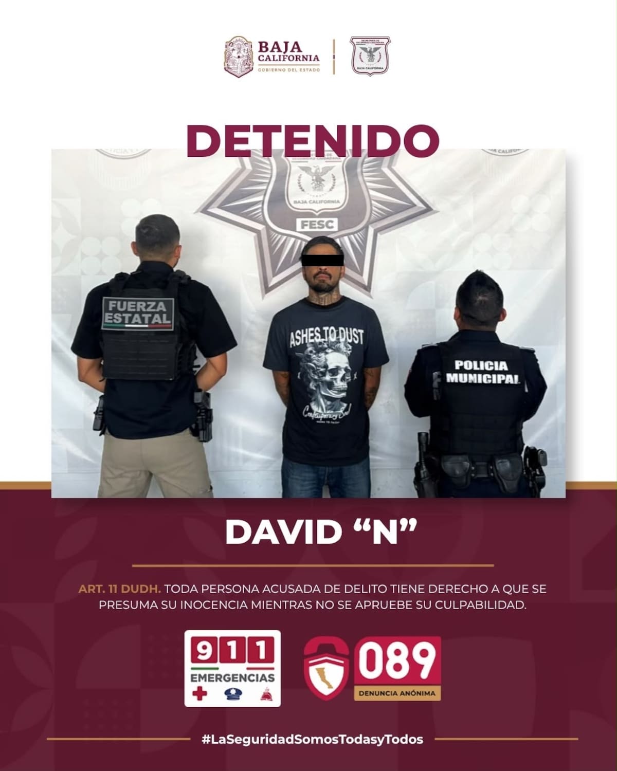 Elementos de la FESC y la Policía Municipal de Mexicali participaron en la localización de un hombre que contaba con una orden de aprehensión vigente en Estados Unidos por presuntos delitos contra la salud. Foto: Cortesía