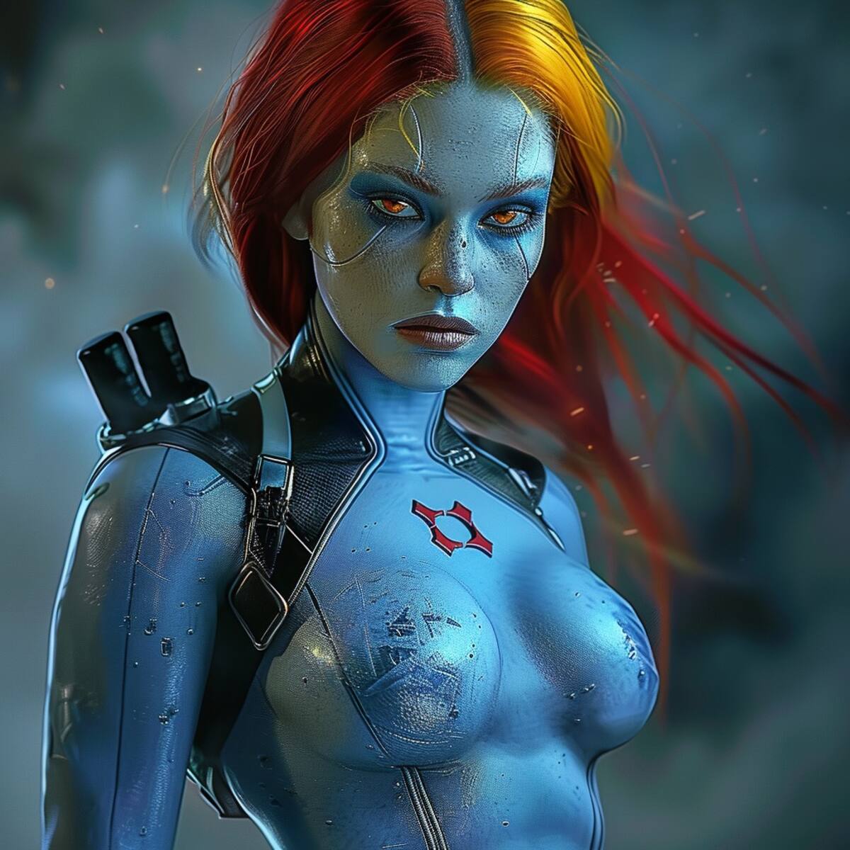 Los ojos amarillos de Mystique, recreados por la IA, reflejan su habilidad cambiaformas.