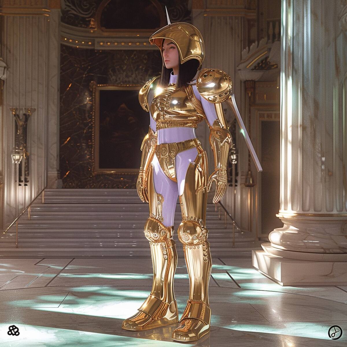 Con elegancia, Saori sostiene un cetro dorado, simbolizando su dominio en la batalla cósmica según la inteligencia artificial de Midjourney.