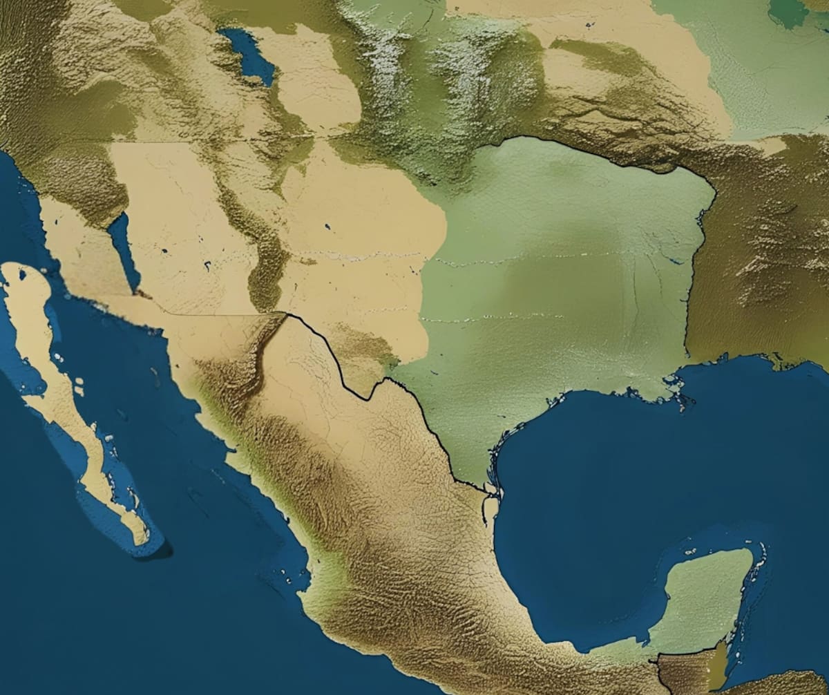 Un ejemplo de cómo se vería el mapa de México con la Península de Baja California separada del resto del país. Foto: Especial (editada con IA)
