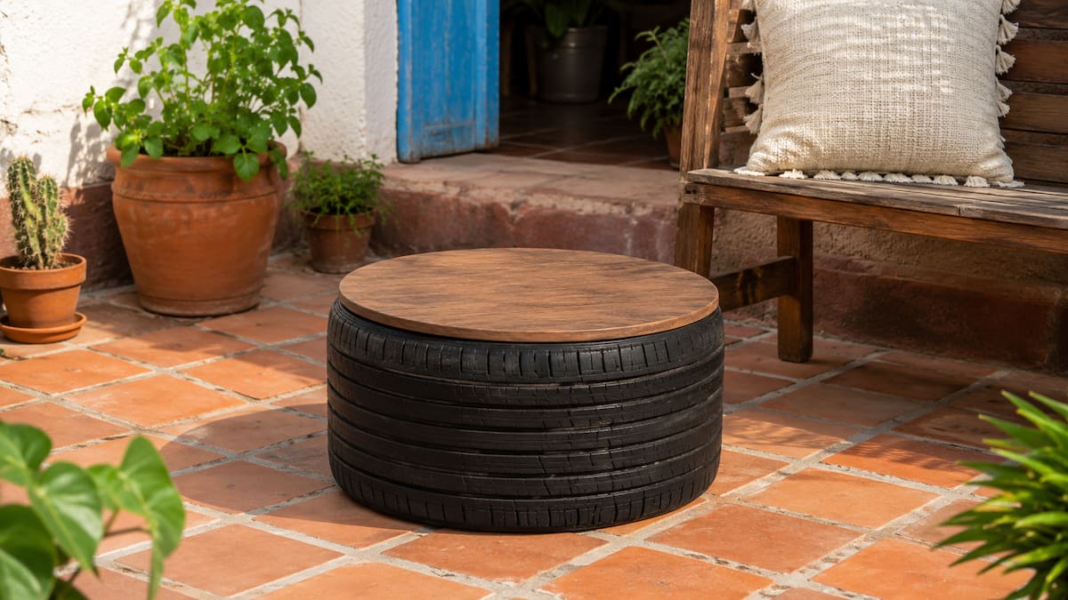 2. Mesa o asiento con llanta reciclada
Las llantas en buen estado también pueden reutilizarse como base para mesas pequeñas o asientos de exterior.