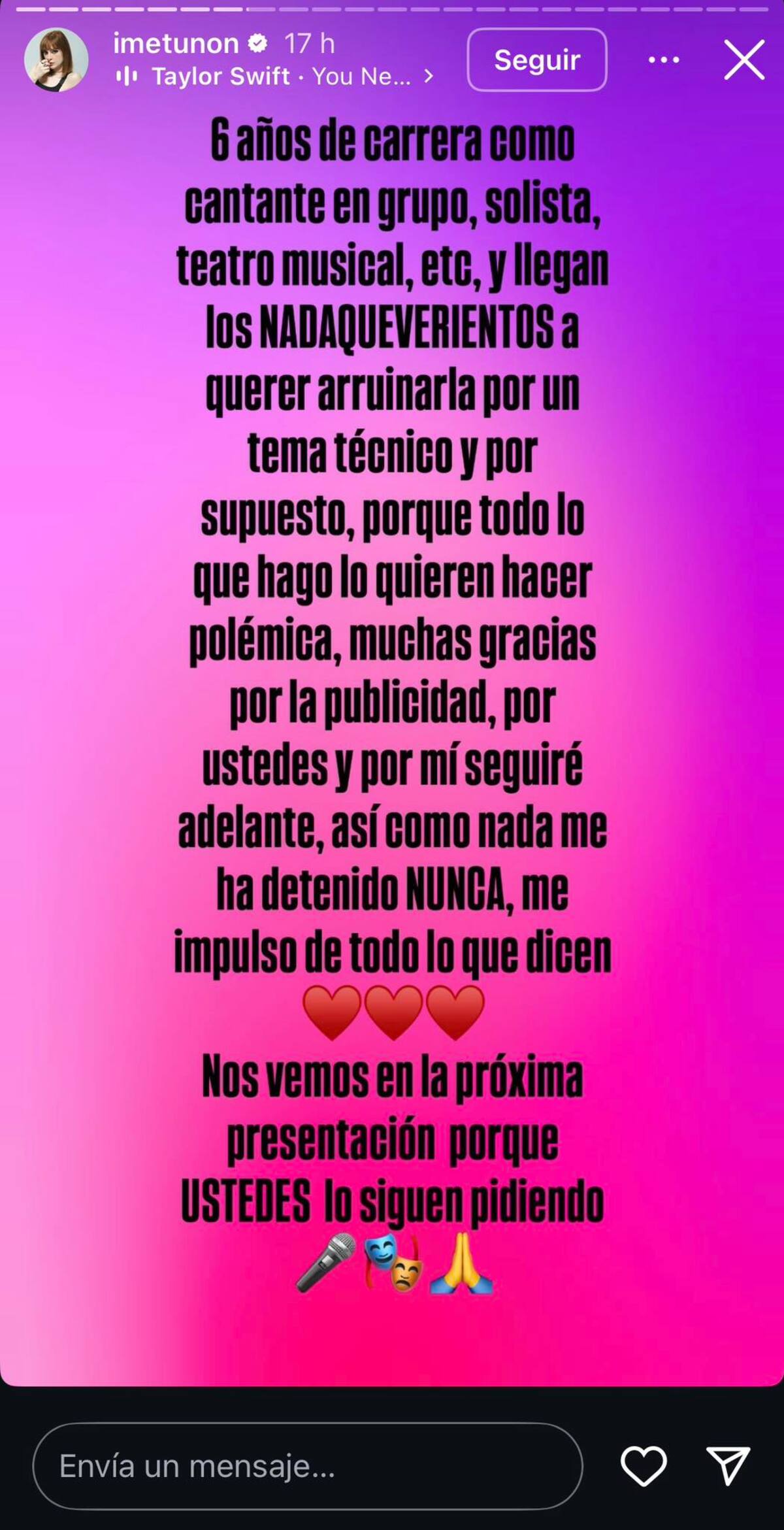 Tuñón compartió un mensaje en su cuenta de Instagram para defender su talento artístico | Captura de pantalla