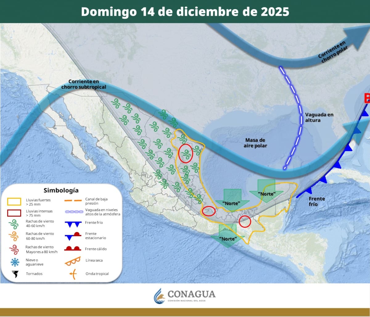 Pronóstico del clima para este domingo 14 de diciembre del 2025. | Crédito: SMN