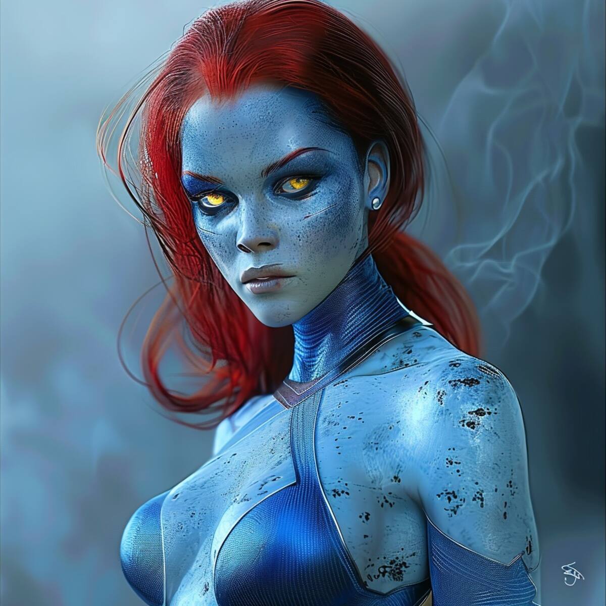 La recreación de Mystique por la IA de Midjourney destaca su belleza y figura excepcional.