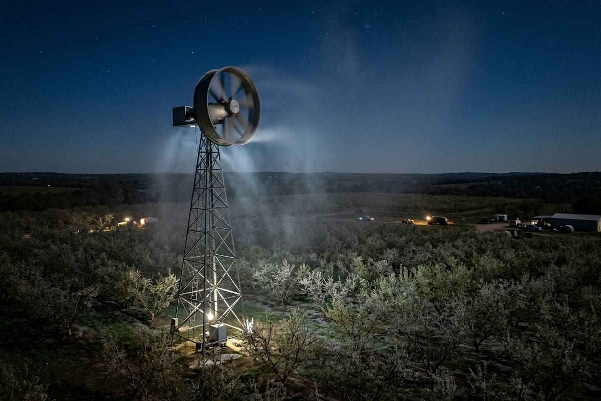 Agricultores de duraznos en Texas colocan ventiladores gigantes de hasta 10.7 metros para proteger a los árboles de las heladas tardías que pueden destruir hasta el 90% de una cosecha