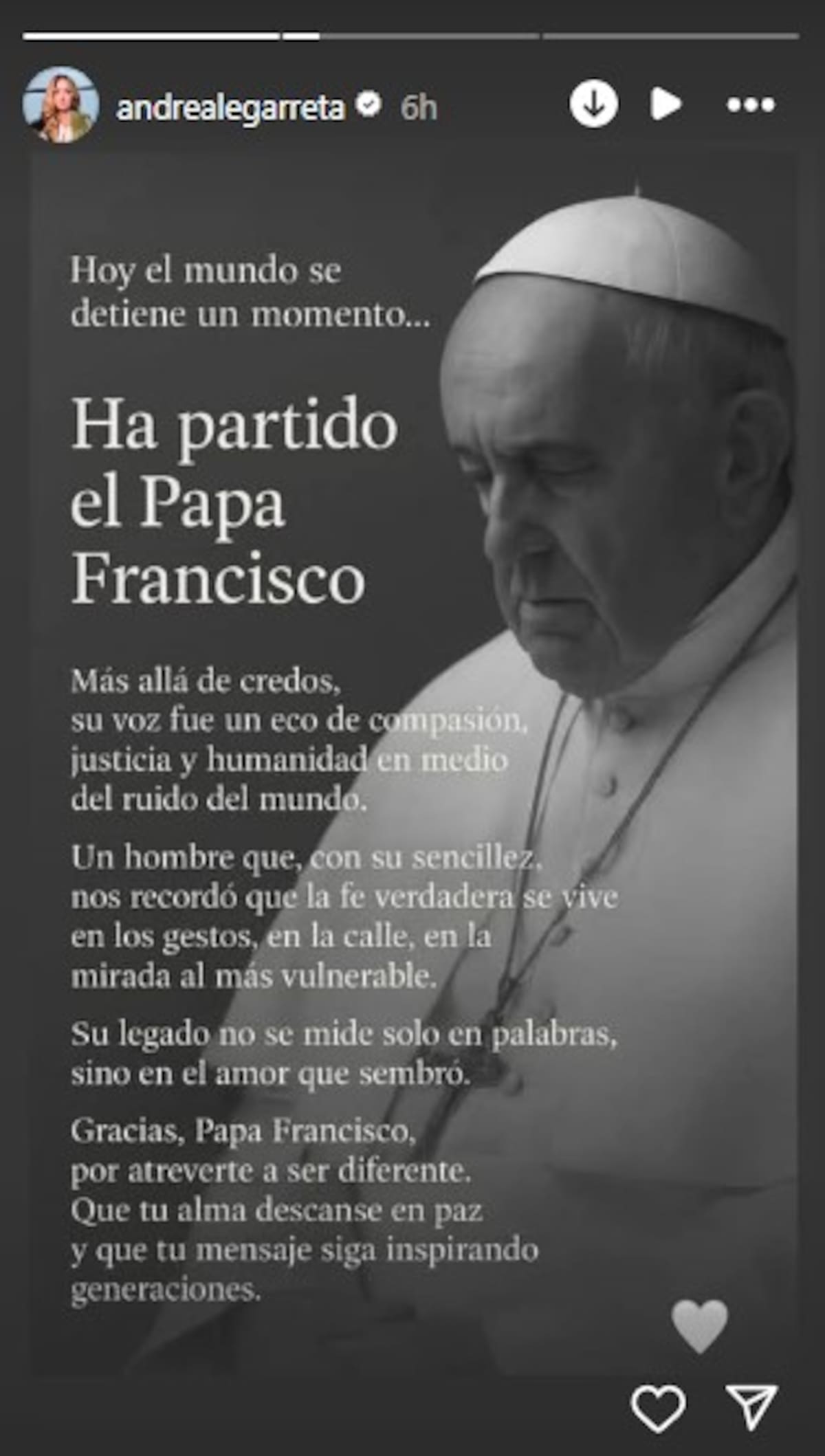 Andrea Legarreta lamenta la muerte del papa Francisco / Instagram @andrealegarreta