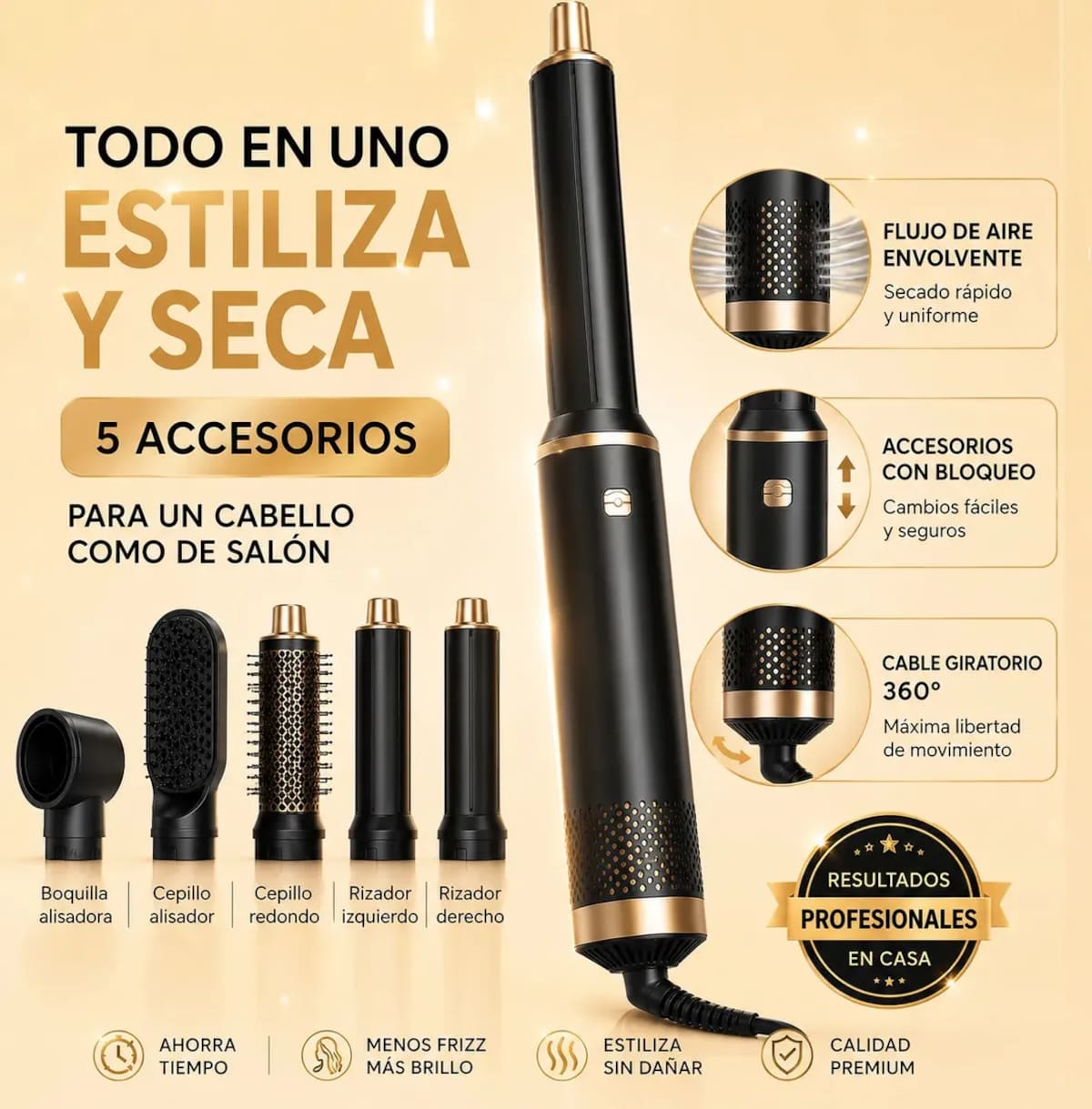El equipo integra funciones de secado, alisado, rizado, peinado y volumen mediante cinco accesorios intercambiables. | Foto: Mercado Libre