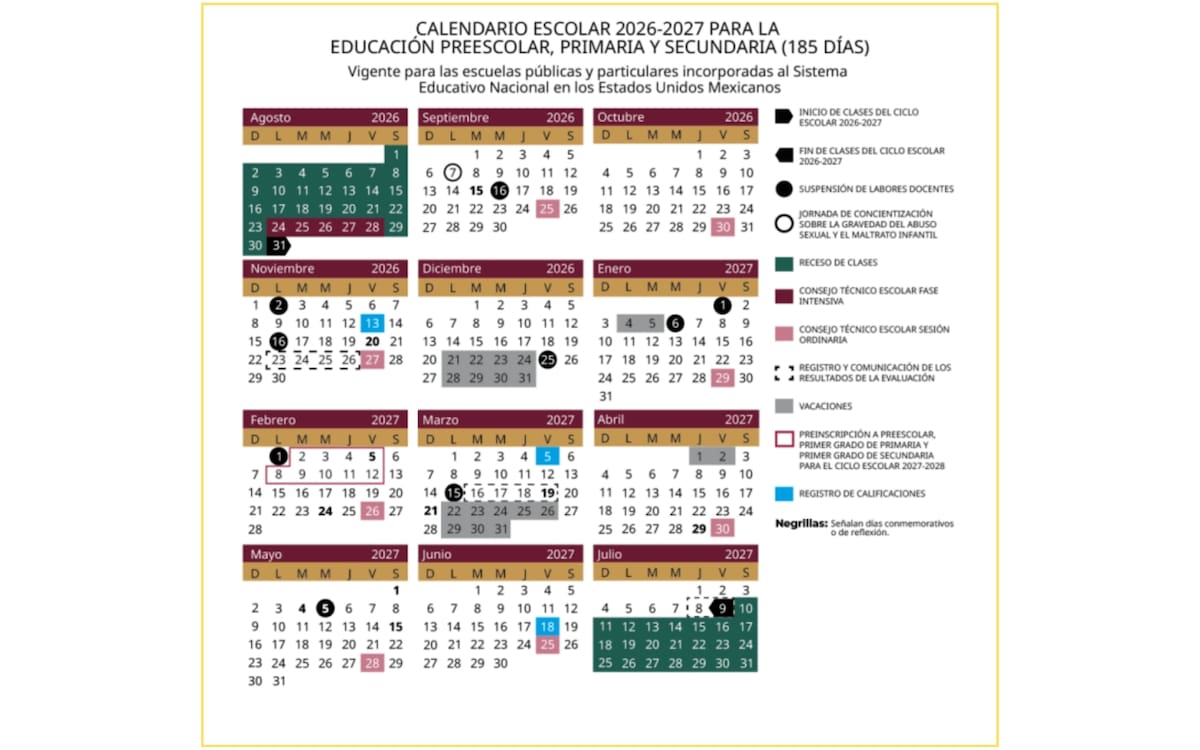 Calendario escolar 2026 - 2027 publicado en documento de la SEP.