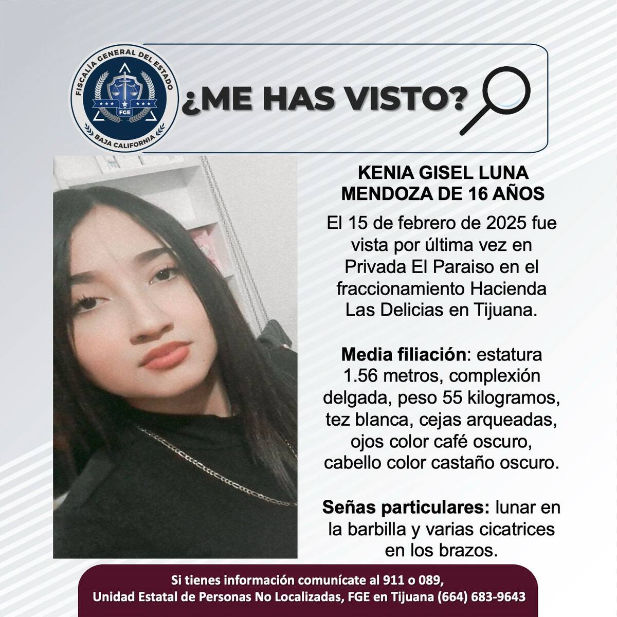 Kenia Gisel Luna Mendoza fue vista por última vez el 15 de febrero del 2025.