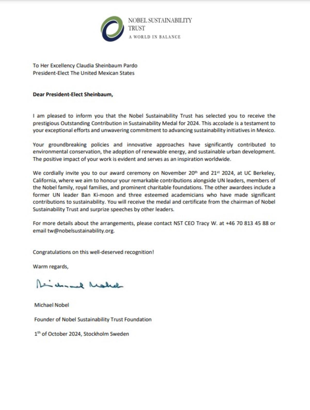 La presidenta Claudia Sheinbaum recibirá un reconocimiento de nivel internacional y fue invitada por el Nobel Sustainability Trust.