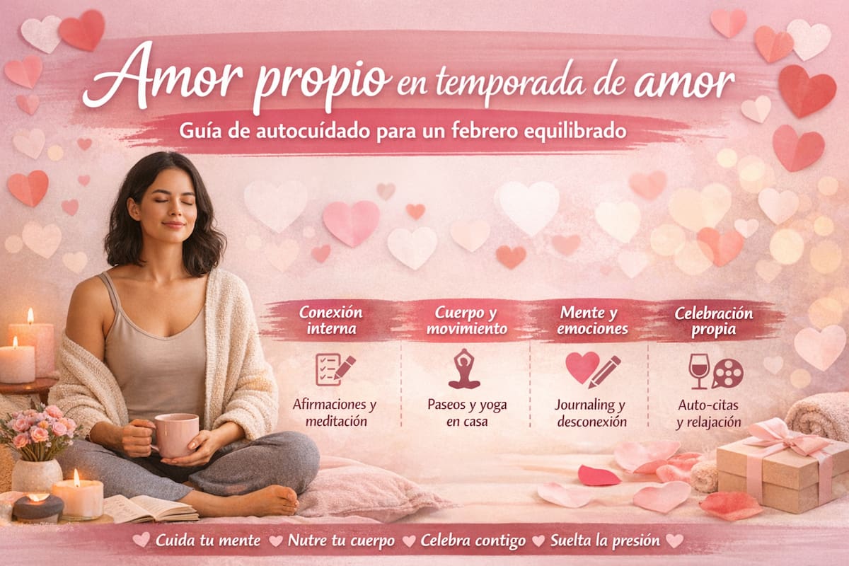 Guía de autocuidado y amor propio para vivir un febrero equilibrado, con hábitos simples que ayudan a fortalecer el bienestar emocional, físico y mental durante la temporada del Día del Amor y la Amistad.