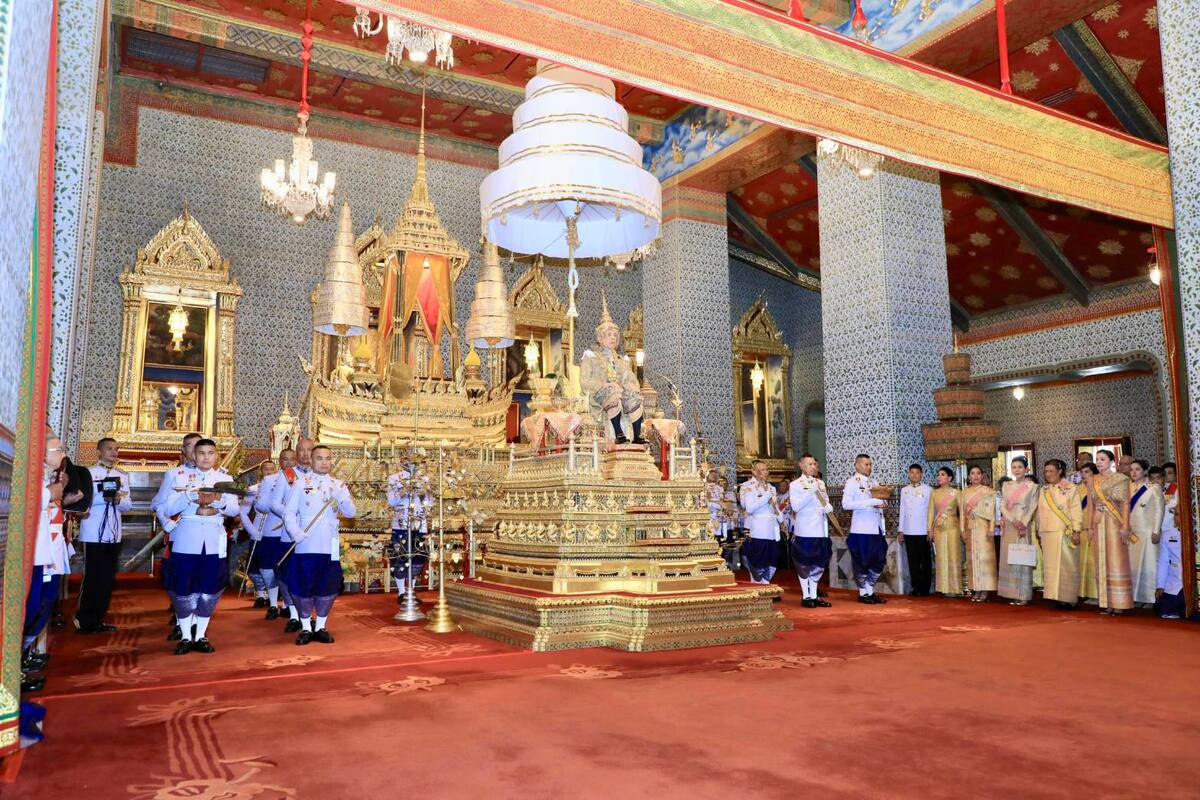 In this photo released by Bureau of the Royal Household, Thailand's King Maha Vajiralongkorn sits on the throne in front of an audience of diplomats and dignitaries after being officially crowned king at the Grand Palace, Saturday, May 4, 2019, in Bangkok, Thailand. Saturday began three days of elaborate centuries-old ceremonies for the formal coronation of Vajiralongkorn, who has been on the throne for more than two years following the death of his father, King Bhumibol Adulyadej, who died in October 2016 after seven decades on the throne.( Bureau of the Royal Household via AP)