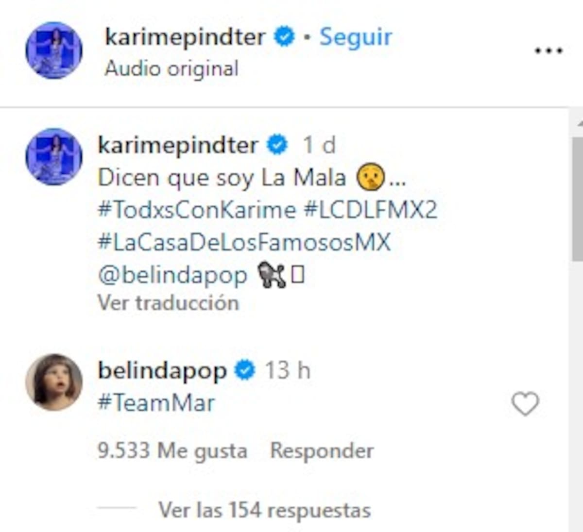 Belinda se declara 'Team Mar' / Instagram: @karimepindter