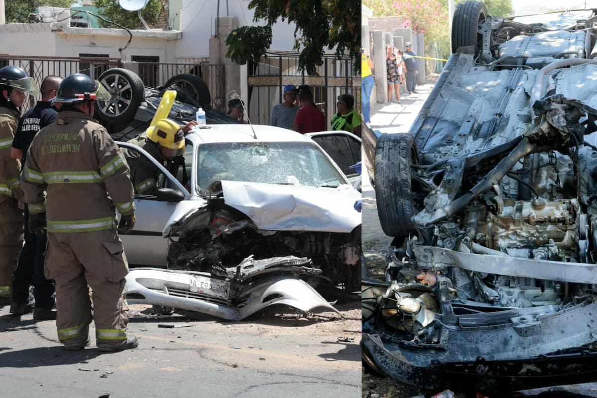 Siete lesionados en Hermosillo por fuerte choque y volcadura; autos quedaron destrozados y testigo usó extintor para sofocar conato de incendio