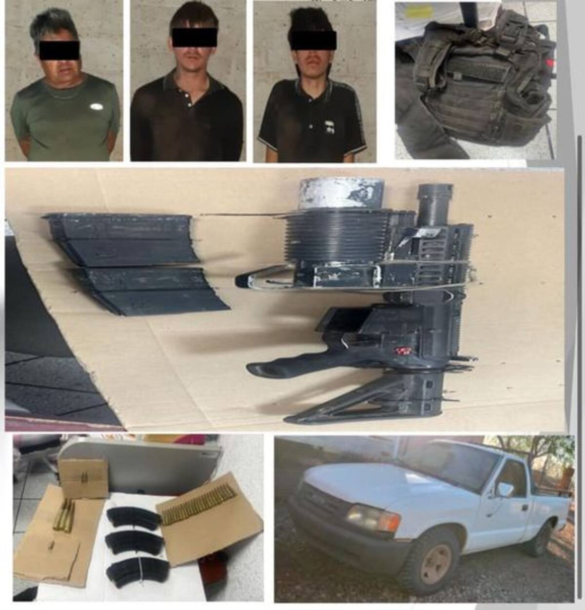Los dos hombres y el menor de edad detenidos, armamento y la camioneta decomisada por operativos de la Mesa Estatal de Seguridad