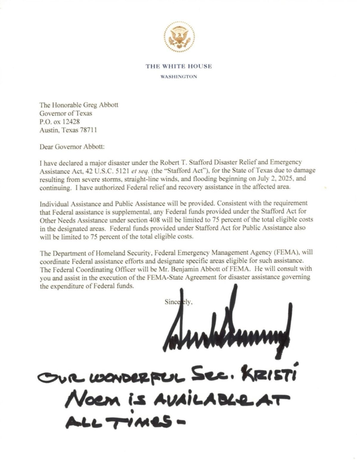 Trump declara desastre en Texas tras inundaciones. Truth Social/ @realDonaldTrump