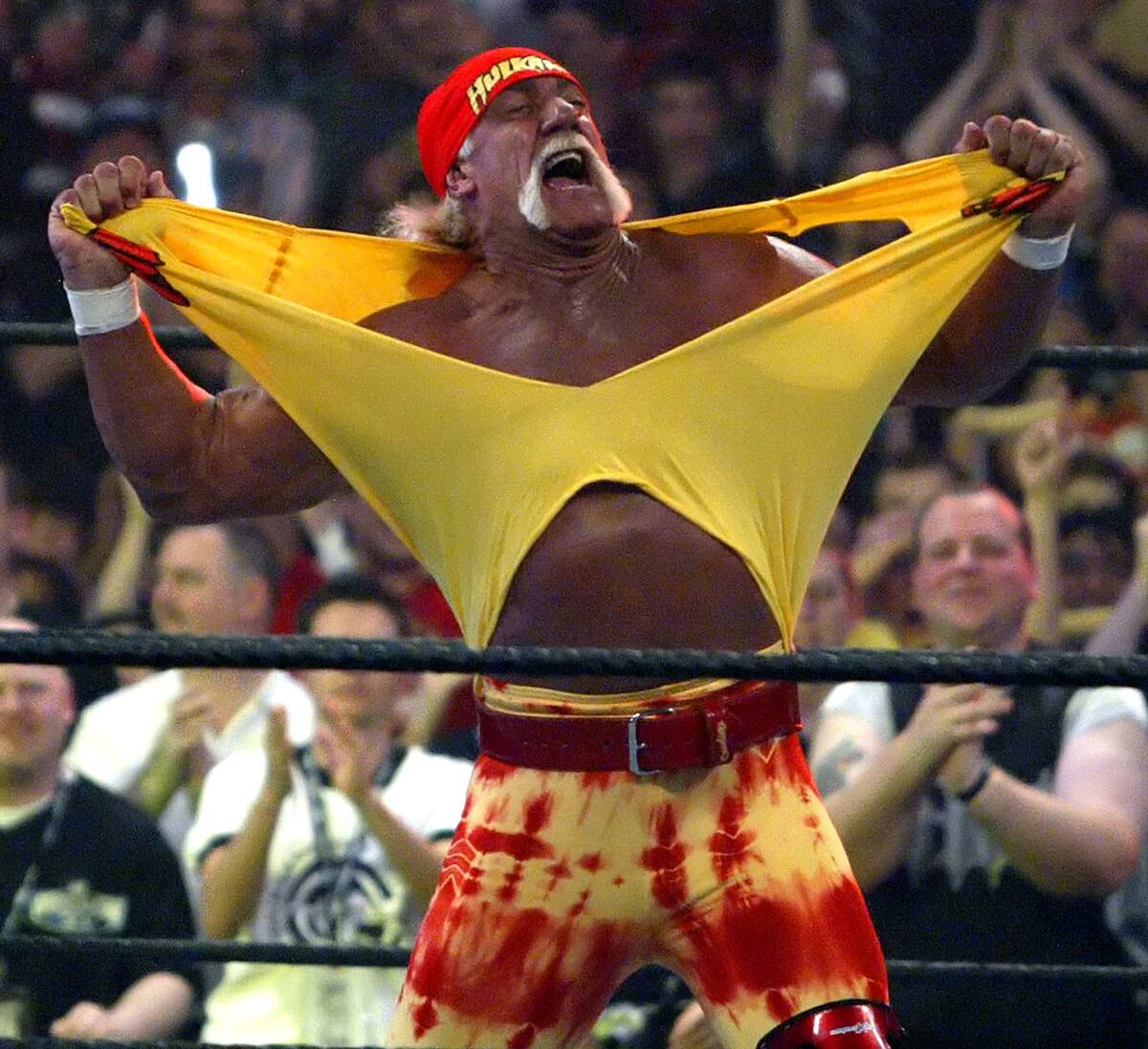 Hulk Hogan fires up the crown between matches during WrestleMania 21 at the Staples Center in Los Angeles on Sunday, April 3, 2005. (AP Photo/Chris Carlson)