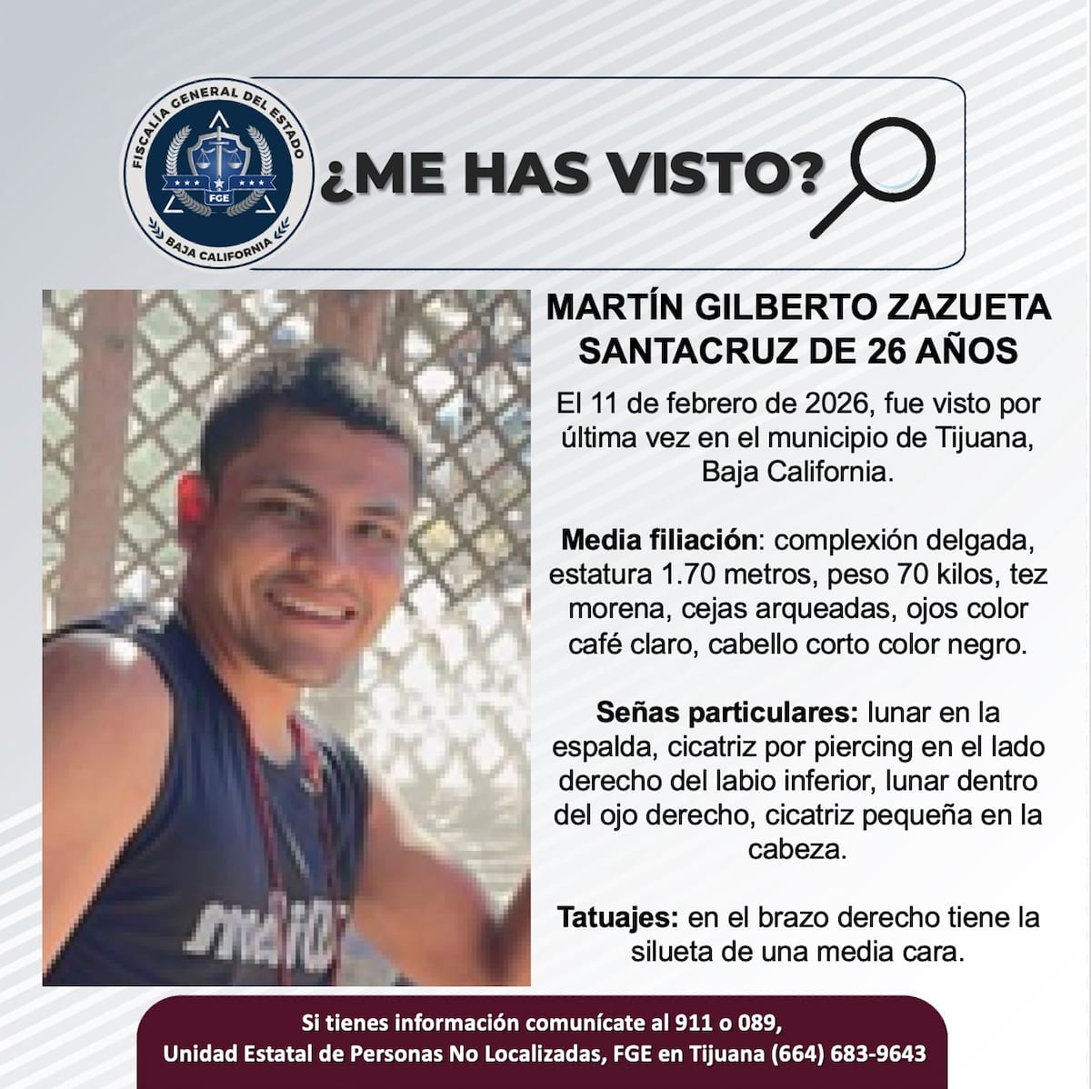 Fue visto por última vez el 11 de febrero de 2026.