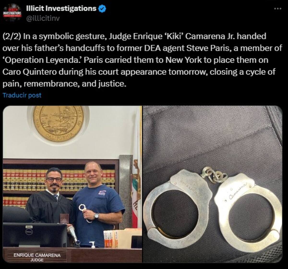 El hijo de “Kiki” Camarena ahora es juez y ante la extradición a EU de Caro Quintero desempolva las esposas de su padre.