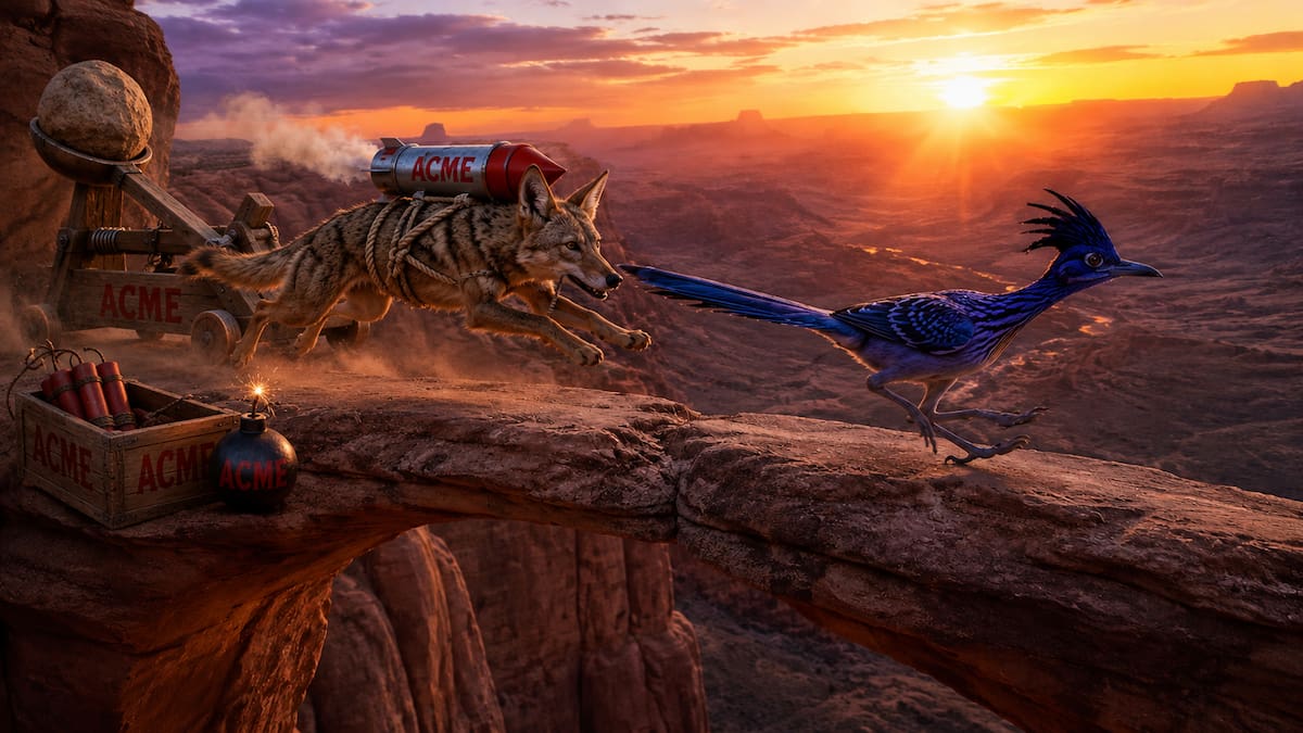 El clásico duelo entre el Coyote y el Correcaminos cambia de apariencia en esta recreación con inteligencia artificial, pero conserva el desierto, la persecución y los artefactos ACME.
