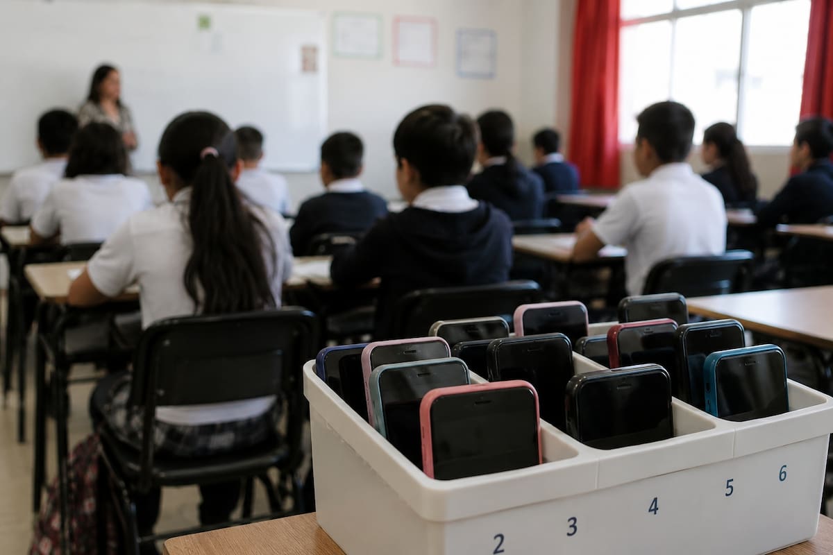 Alumnos en un aula mexicana guardando sus celulares mientras el maestro dicta la clase, mostrando la implementación de la regulación de tecnología en escuelas y el enfoque en disciplina y atención en el aprendizaje. | Imagen hecha con ChatGPT