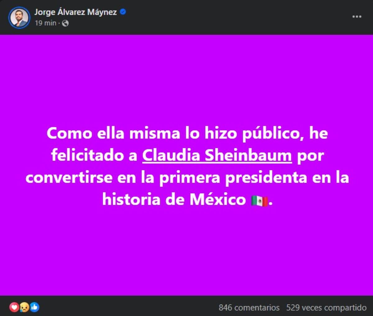 A través de su cuenta de Facebook, confirmó haber felicitado a la candidata ganadora. Foto: Facebook