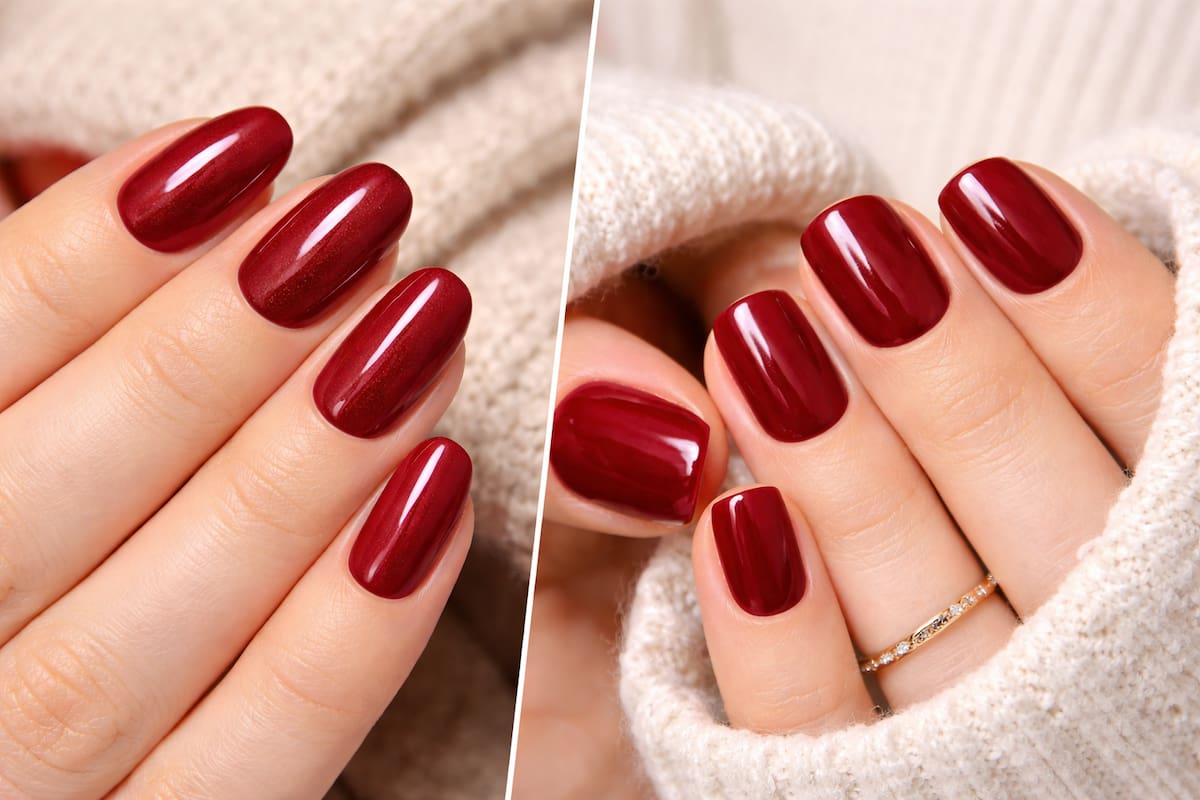 El rojo granate funciona tanto en uñas cortas como medianas y se adapta bien a formas cuadradas y ovaladas. | Imagen hecha con IA