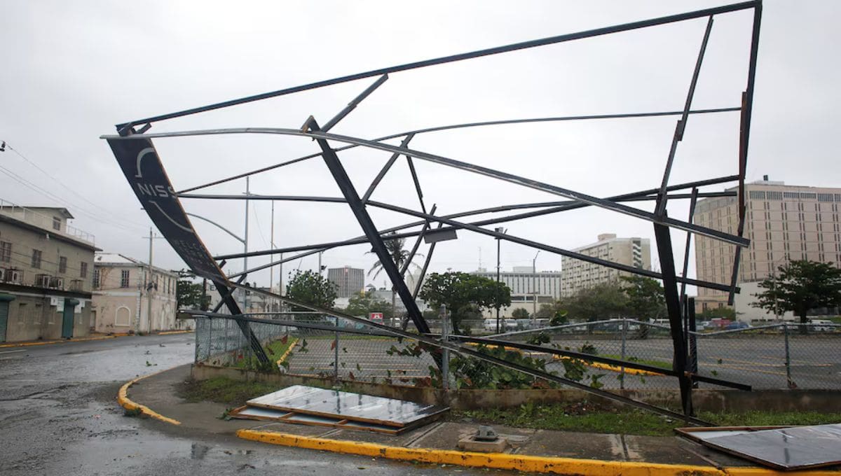 A partially collapsed hoarding frame, as Hurricane Melissa approaches, in downtown Kingston, Jamaica, October 28, 2025. REUTERSOctavio Jones.