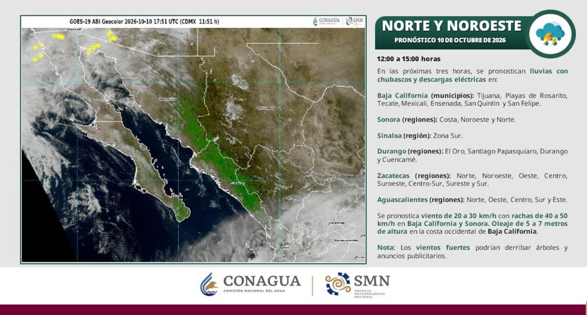 El Servicio Meteorológico Nacional mencionó que los efectos más intensos se esperan durante la tarde y noche de este sábado en San Quintín y Ensenada; madrugada y mañana del domingo en Playas de Rosarito y Tijuana. Foto: Cortesía