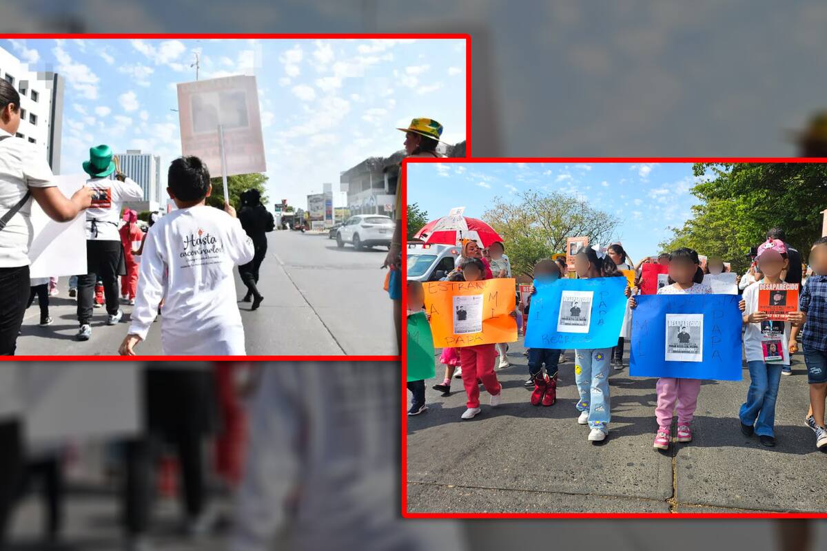 Niños y activistas disfrazados de personajes animados marchan pidiendo justicia por sus familiares desaparecidos en Sinaloa en el marco del Día del Niño