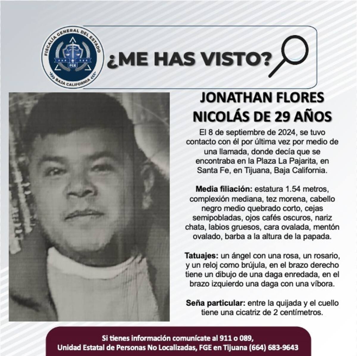 Jonathan Flores Nicolás fue vista por última vez el 8 de septiembre de 2024.