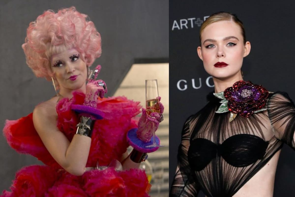 Elizabeth Banks reacciona a Elle Fanning como Effie en “Amanecer en la cosecha”