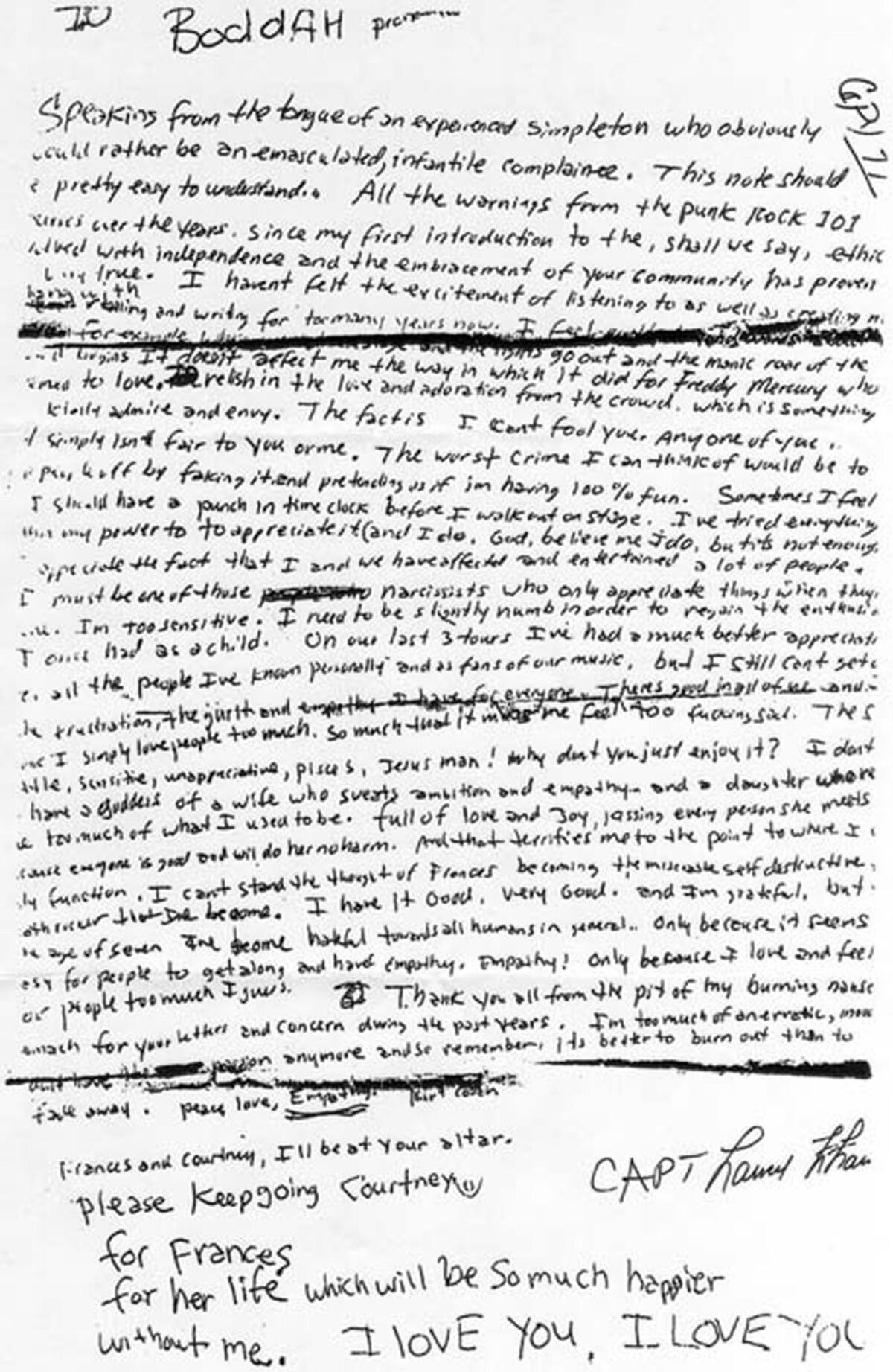 La nota con la que Kurt Cobain se despidió.