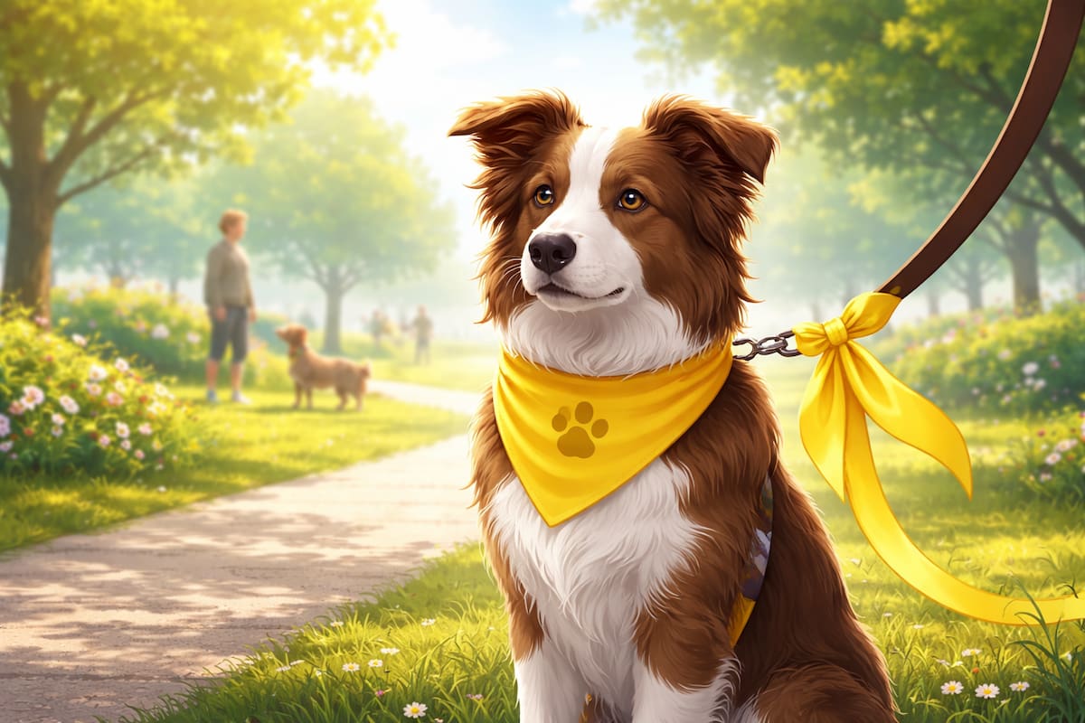 El color amarillo funciona como un semáforo preventivo que indica que el animal no está listo para interactuar con desconocidos, otros perros o estímulos ruidosos. | Imagen hecha con IA