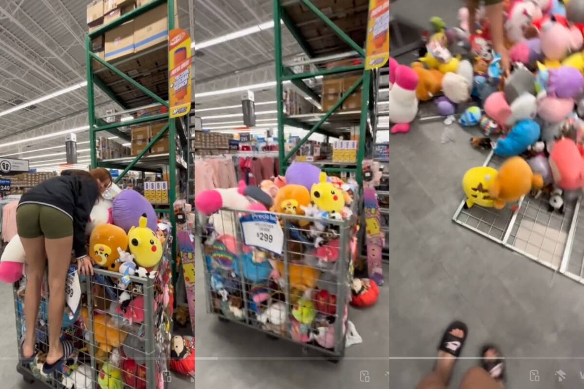 Mujer se lanza a una montaña de peluches en Walmart y causa un CAOS | VIDEO