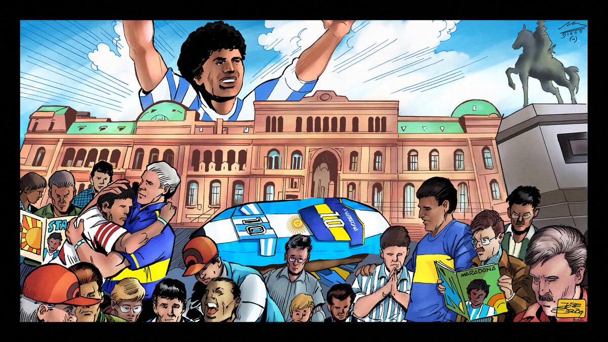 Fotografía cedida por la plataforma de arte digital NFT Nifty Gateway donde se muestra la obra del argentino José Delbo, titulada "D10S", que representa la escena del funeral de Maradona frente a la famosa Casa Rosada de Buenos Aires (Argentina), y que tendrá una edición de 5 unidades y se ofrecerá a la venta en un formato de subasta de 24 horas. EFE/ José Delbo/Nifty Gateway SÓLO USO EDITORIAL/SÓLO DISPONIBLE PARA ILUSTRAR LA NOTICIA QUE ACOMPAÑA (CRÉDITO OBLIGATORIO)