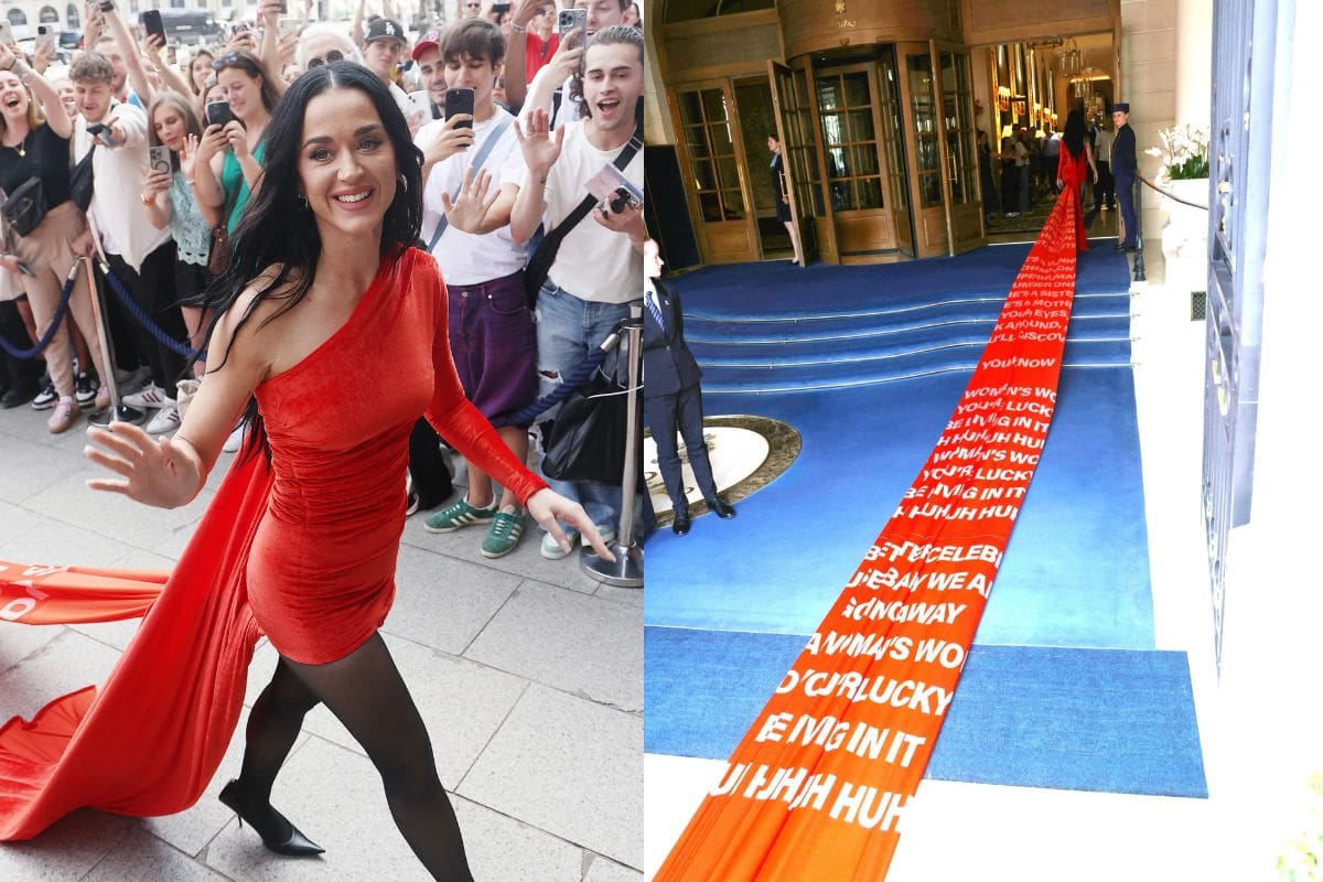 Katy Perry sorprende usando un vestido rojo de Balenciaga con una cola de 200 metros de largo