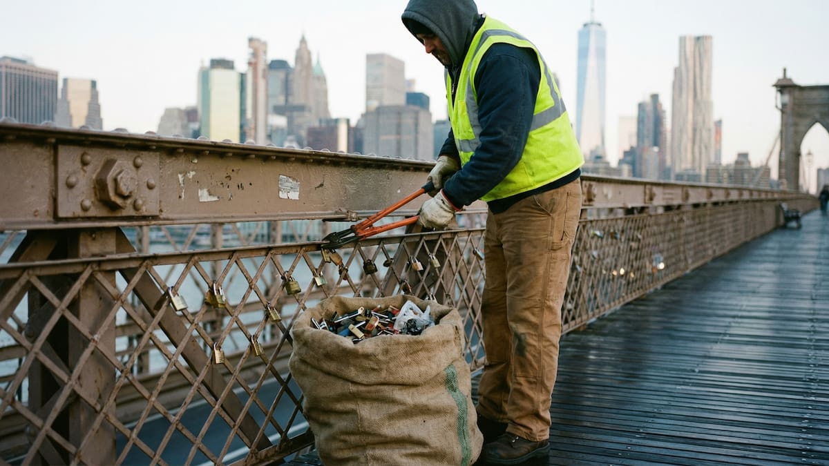 Dos vecinos de Brooklyn retiraron más de 450 kilos de candados y basura del puente en una limpieza voluntaria que tomó semanas de trabajo.
