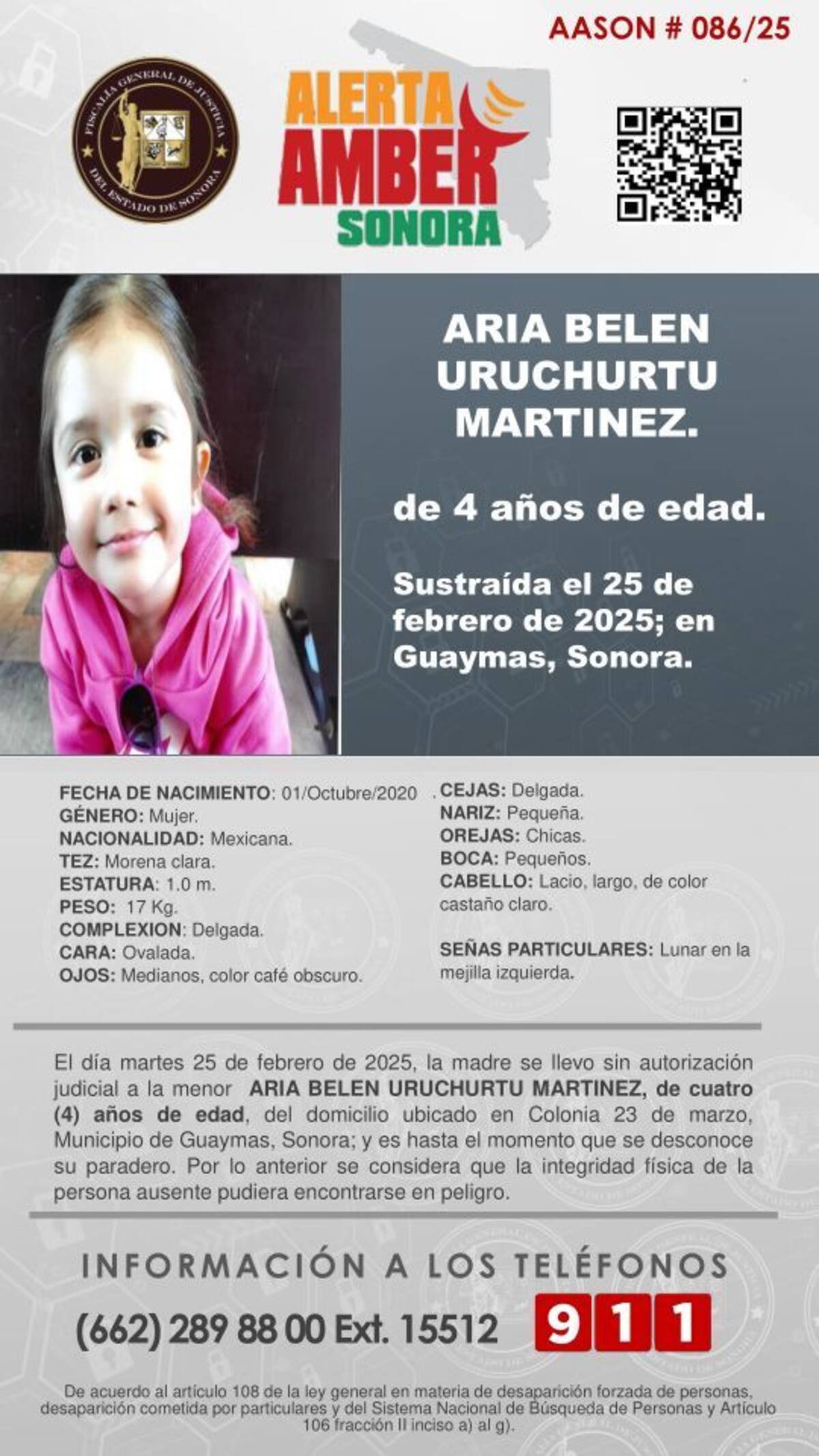 Se emitió una Alerta AMBER para localizar a Aria Belén Uruchurtu Martínez, ya que su paradero es desconocido y su integridad podría estar en riesgo.