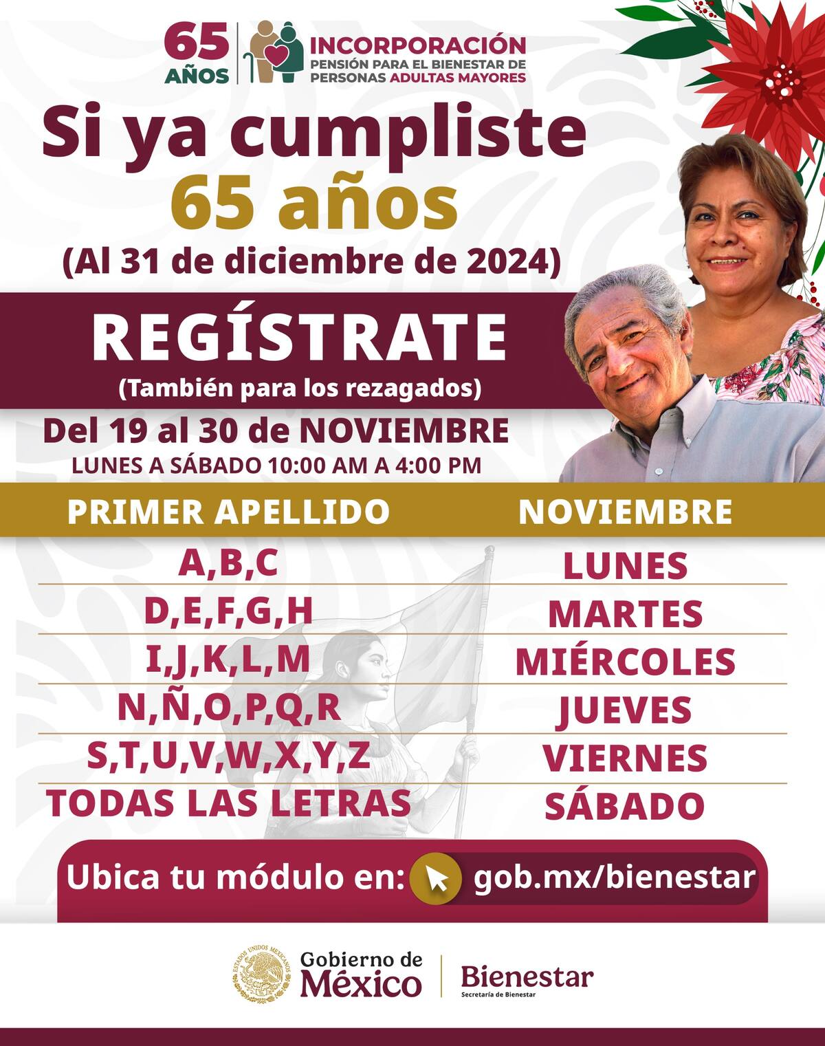 La Secretaría de Bienestar estableció un calendario para el registro de adultos mayores que hayan cumplido los 65 años o que estén por cumplirlos en diciembre